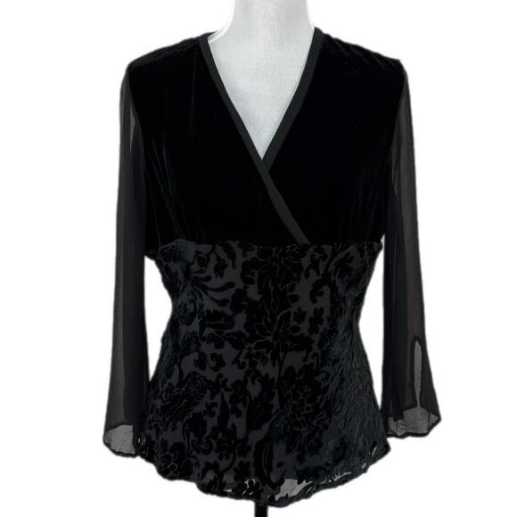 Silk Blend Black Whimsy Goth Flocked Sheer Sleeve Top - Women's Size 12 - Picture 1 of 5